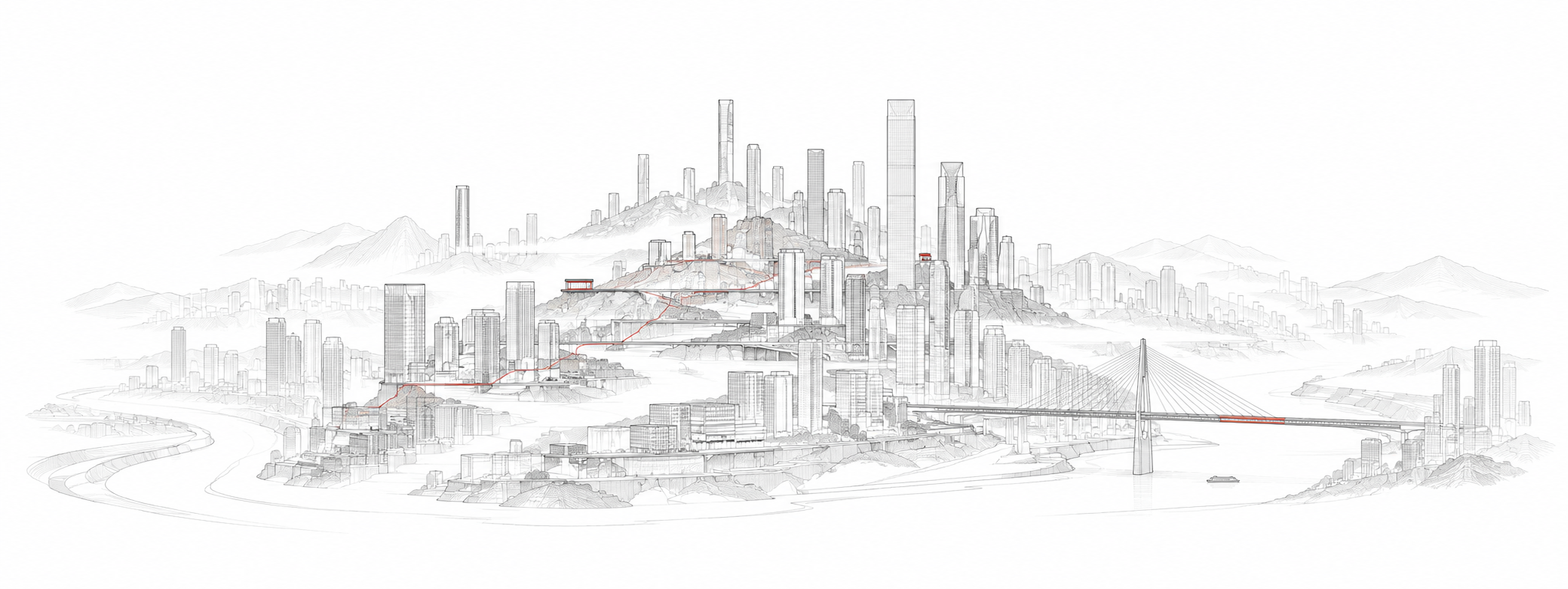 重庆山城意象的建筑线稿：层叠楼宇、桥梁、江岸与雾带，穿插朱砂红细线